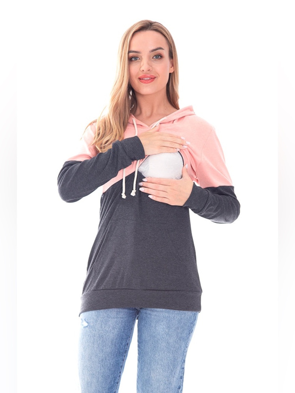 Bearsland | Nursing Hidden Zippers Hoodie Pink Gray Women's Size Large - Picture 3 of 15